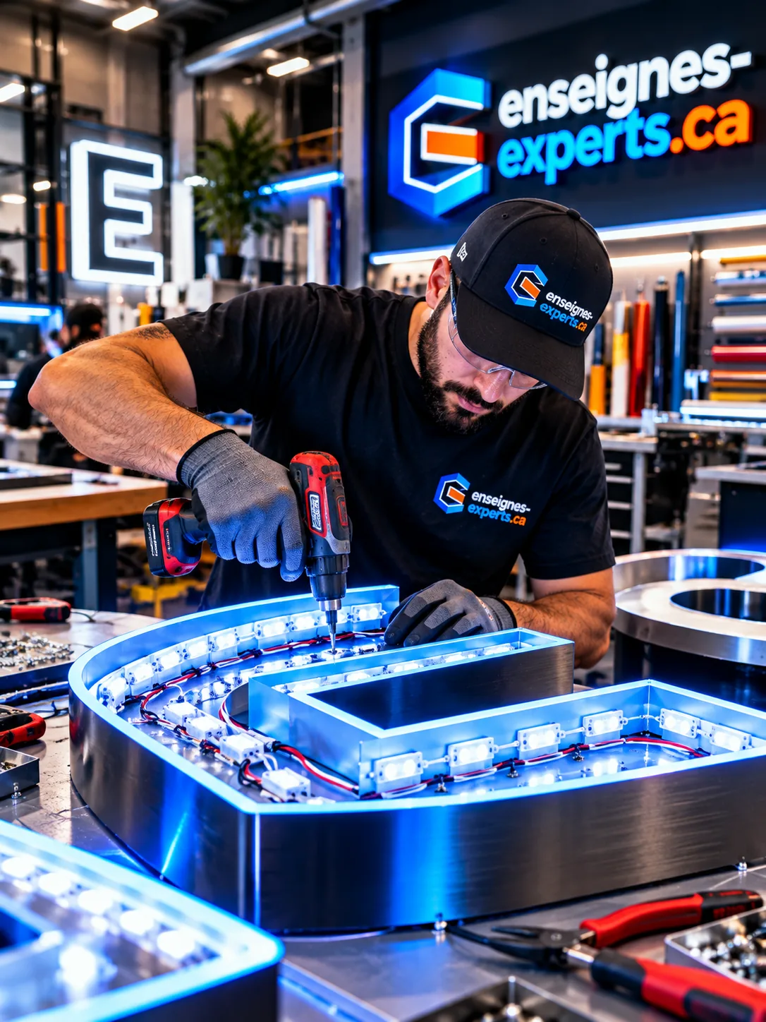 Technicien qui fixe des modules DEL à l'intérieur d'une lettre boîtier en aluminium
