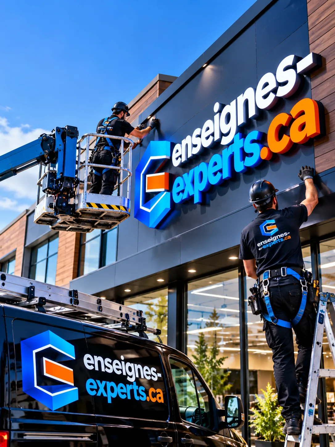 Deux installateurs, l'un sur une nacelle, qui fixent des lettres en relief sur une façade commerciale